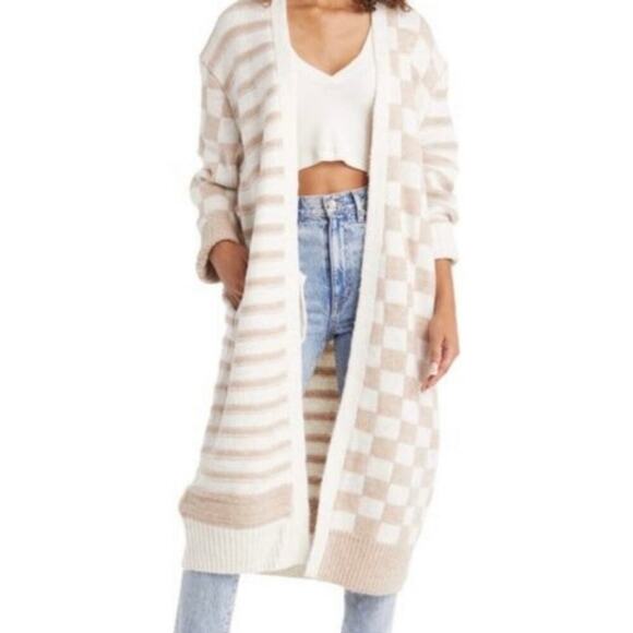 TopShop Oversized Checkerboard Stripe Maxi Cardigan Cream XS - Picture 9 of 9